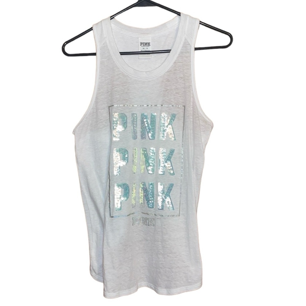 •PINK•NWOT VSP WHITE "PINK" SEQUIN LOGO RACERBACK TANK TOP SIZE XS